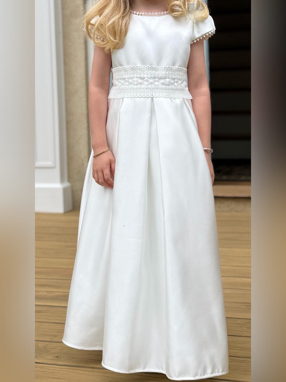 Classic White Satin Girls' Formal Dress with Bow Back